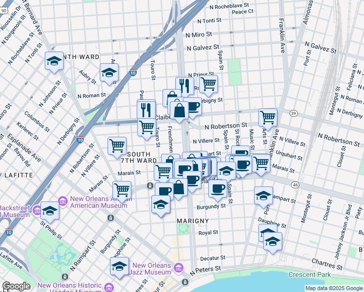 map of restaurants, bars, coffee shops, grocery stores, and more near in New Orleans