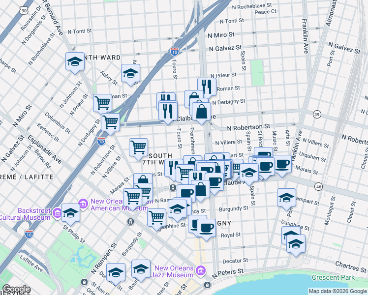map of restaurants, bars, coffee shops, grocery stores, and more near 1400 Frenchmen Street in New Orleans