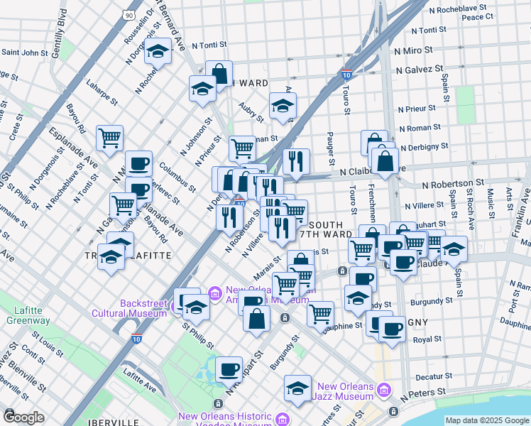 map of restaurants, bars, coffee shops, grocery stores, and more near 1415 Saint Bernard Avenue in New Orleans