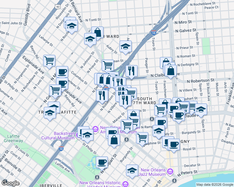 map of restaurants, bars, coffee shops, grocery stores, and more near 1415 Saint Bernard Avenue in New Orleans