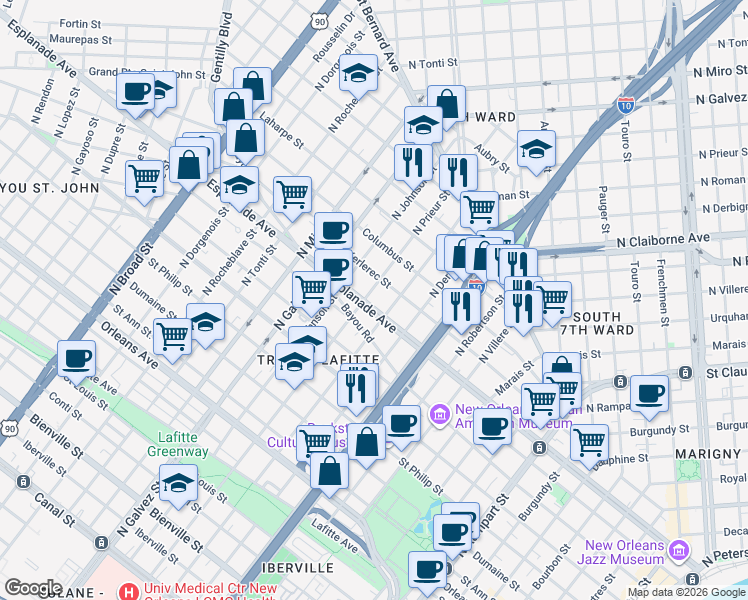 map of restaurants, bars, coffee shops, grocery stores, and more near 1422 North Prieur Street in New Orleans