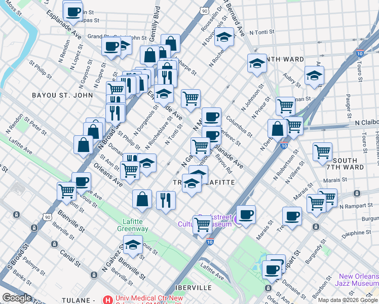 map of restaurants, bars, coffee shops, grocery stores, and more near 2232 Governor Nicholls Street in New Orleans