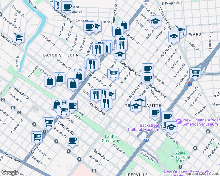 map of restaurants, bars, coffee shops, grocery stores, and more near 1010 North Rocheblave Street in New Orleans