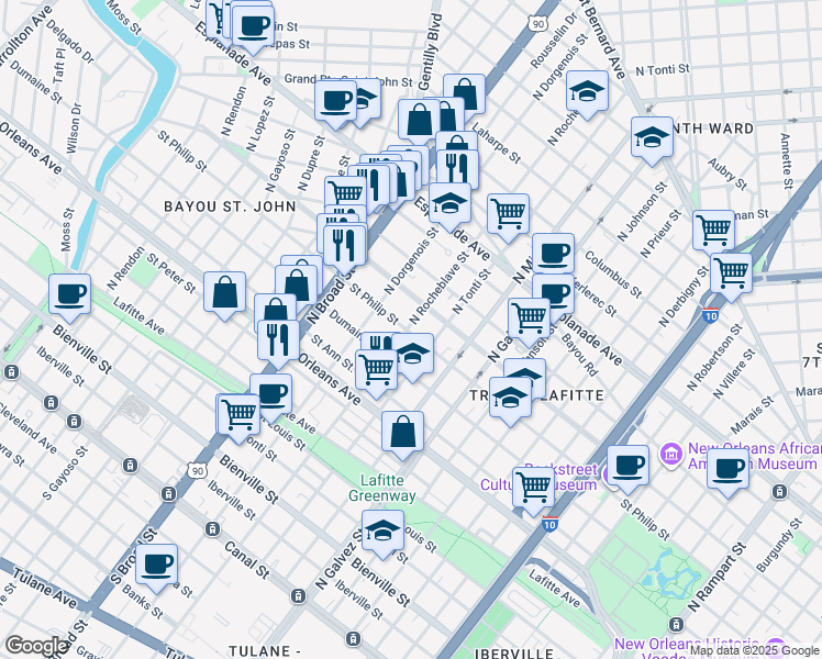 map of restaurants, bars, coffee shops, grocery stores, and more near 1010 North Rocheblave Street in New Orleans