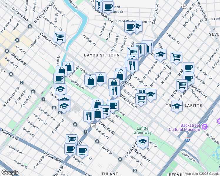 map of restaurants, bars, coffee shops, grocery stores, and more near 2751 Orleans Avenue in New Orleans