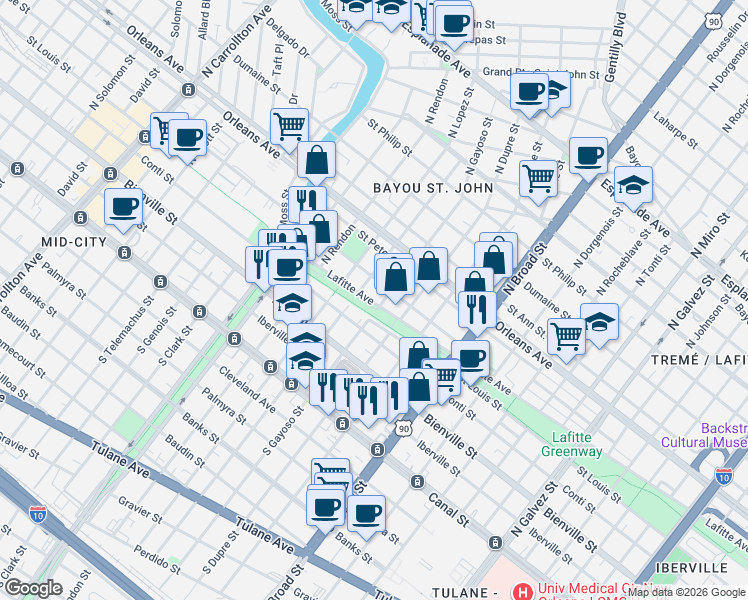 map of restaurants, bars, coffee shops, grocery stores, and more near 520 North Gayoso Street in New Orleans