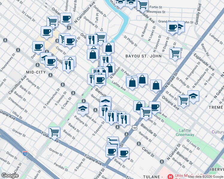 map of restaurants, bars, coffee shops, grocery stores, and more near 3211 Conti Street in New Orleans