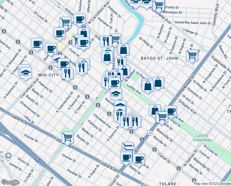 map of restaurants, bars, coffee shops, grocery stores, and more near 3313 Bienville Street in New Orleans