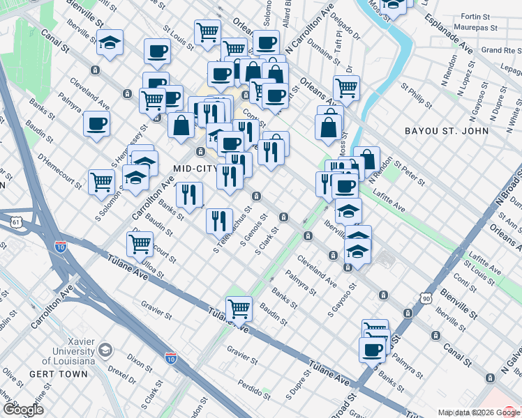 map of restaurants, bars, coffee shops, grocery stores, and more near 3603 Canal Street in New Orleans
