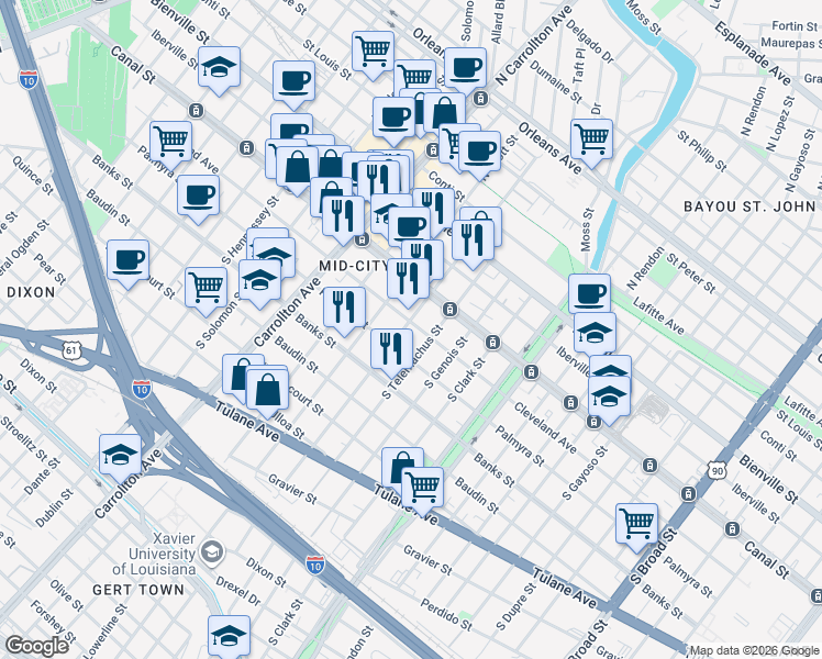 map of restaurants, bars, coffee shops, grocery stores, and more near in New Orleans