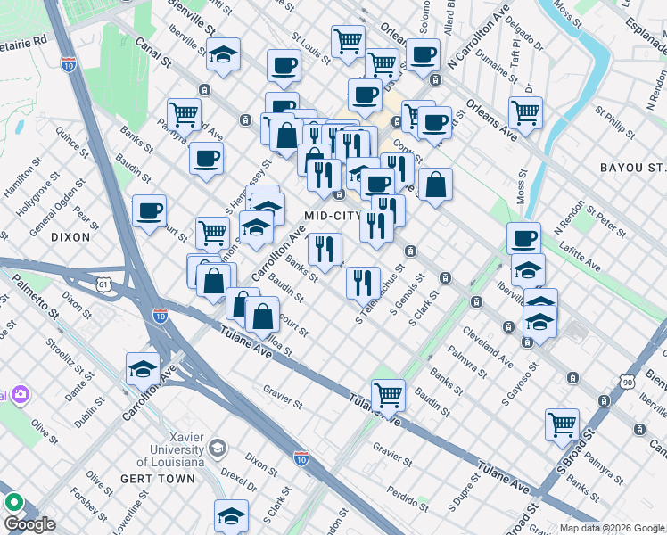 map of restaurants, bars, coffee shops, grocery stores, and more near in New Orleans