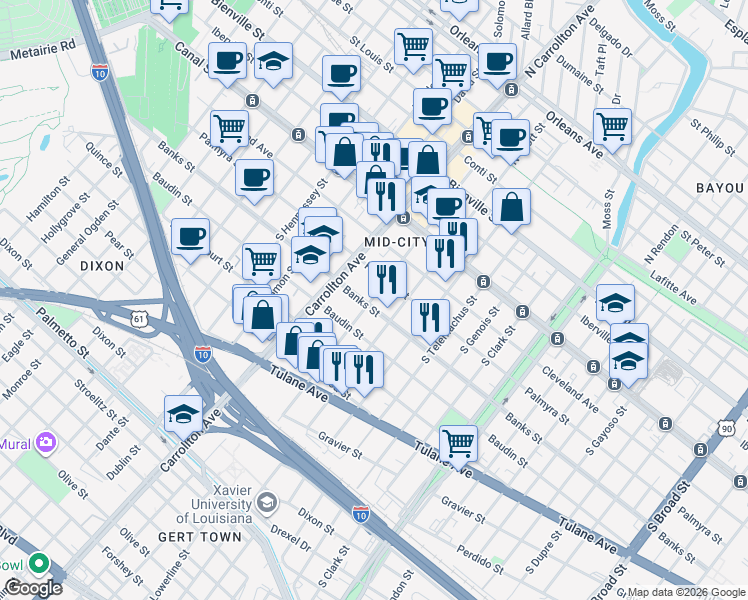 map of restaurants, bars, coffee shops, grocery stores, and more near 4013 Banks Street in New Orleans