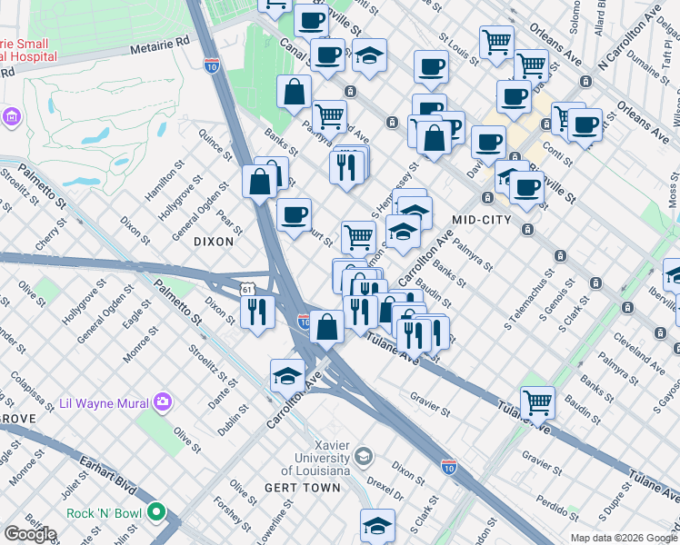 map of restaurants, bars, coffee shops, grocery stores, and more near 4313 Ulloa Street in New Orleans