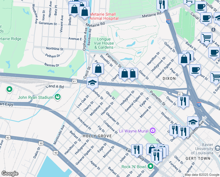 map of restaurants, bars, coffee shops, grocery stores, and more near 9320 Airline Highway in New Orleans