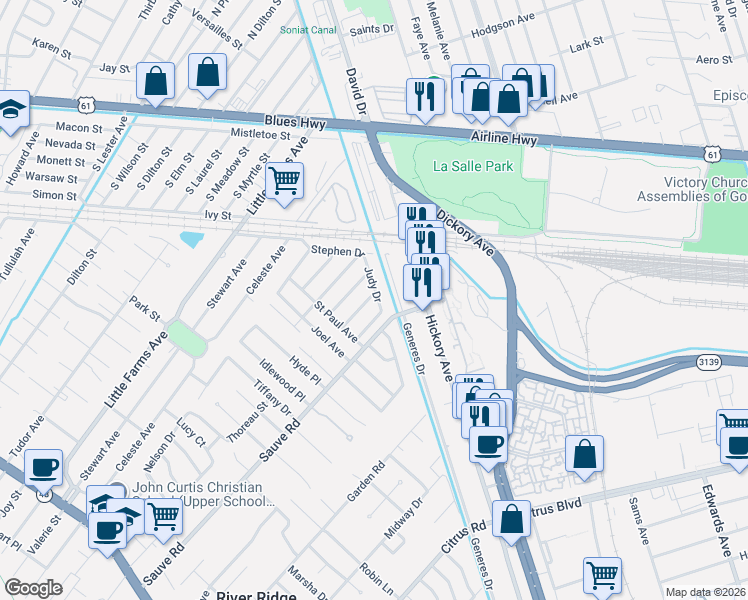 map of restaurants, bars, coffee shops, grocery stores, and more near 10013 Judy Drive in River Ridge