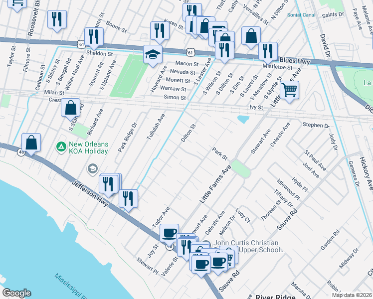 map of restaurants, bars, coffee shops, grocery stores, and more near 10537 Carthage Street in River Ridge