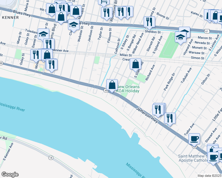 map of restaurants, bars, coffee shops, grocery stores, and more near 212 Bengal Road in River Ridge