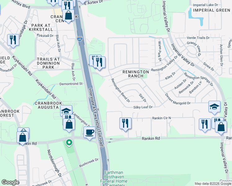 map of restaurants, bars, coffee shops, grocery stores, and more near 19115 Remington Bend Drive in Houston