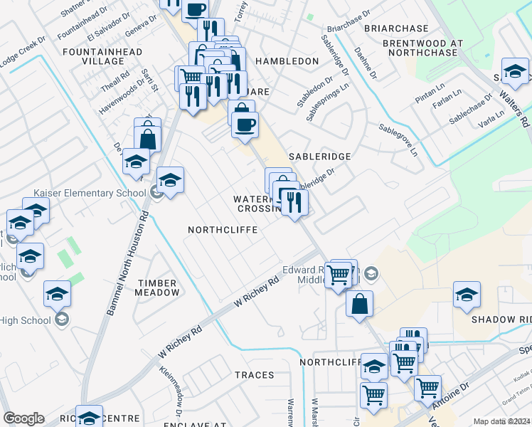 map of restaurants, bars, coffee shops, grocery stores, and more near 12971 Blackpool Lane in Houston