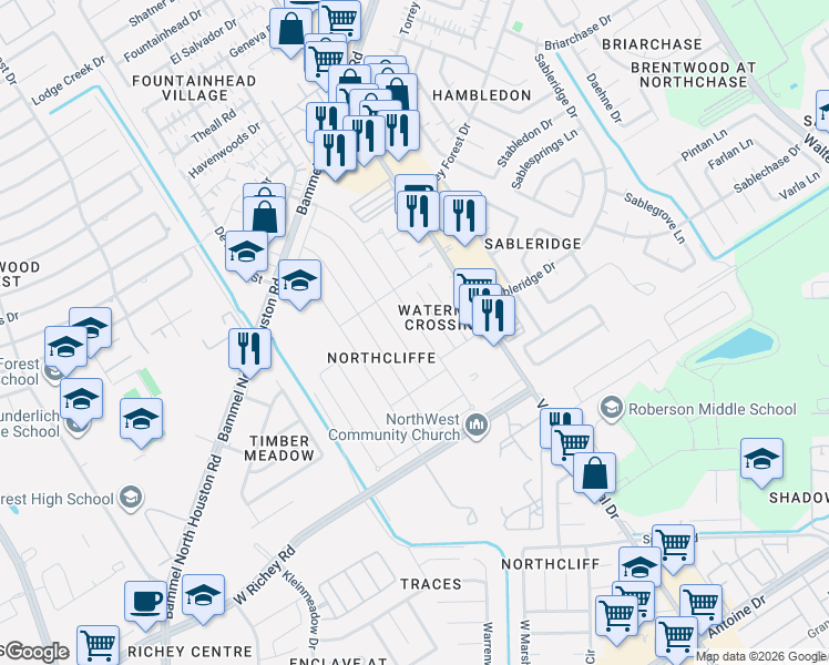 map of restaurants, bars, coffee shops, grocery stores, and more near 4138 Brookhead Trail in Houston