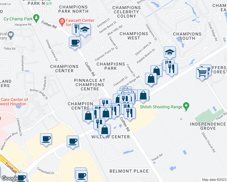 map of restaurants, bars, coffee shops, grocery stores, and more near 6919 Fawncliff Drive in Houston