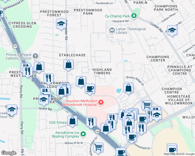 map of restaurants, bars, coffee shops, grocery stores, and more near 13503 Highland Park Court in Houston