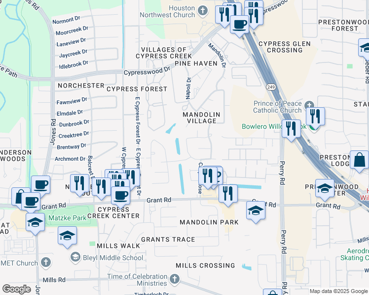map of restaurants, bars, coffee shops, grocery stores, and more near 13419 Indigo Trace Court in Houston