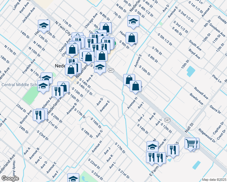 map of restaurants, bars, coffee shops, grocery stores, and more near 607 South 13th Street in Nederland