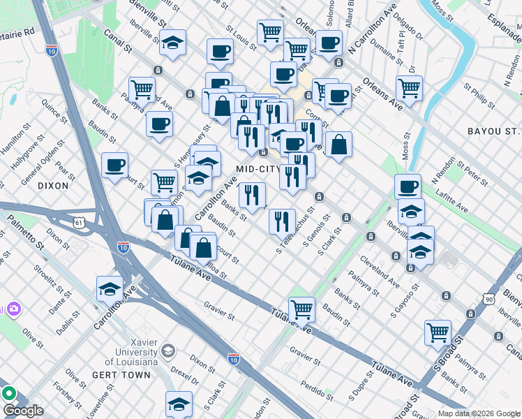 map of restaurants, bars, coffee shops, grocery stores, and more near in New Orleans