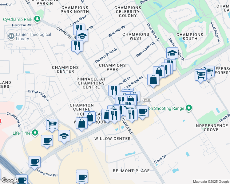 map of restaurants, bars, coffee shops, grocery stores, and more near 6919 Fawncliff Drive in Houston