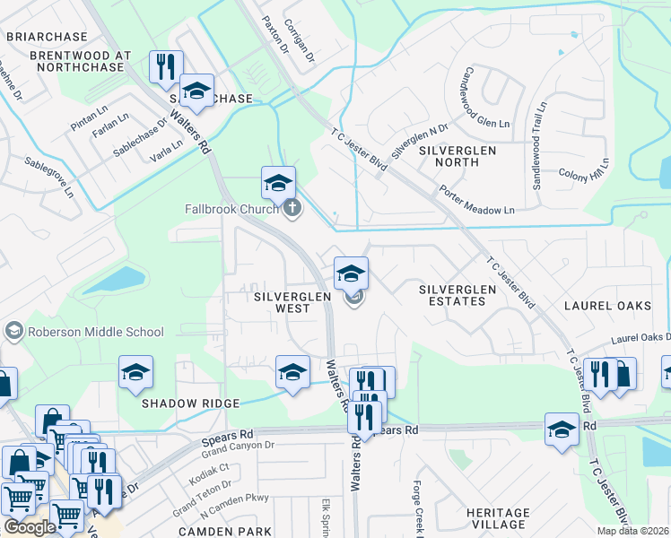 map of restaurants, bars, coffee shops, grocery stores, and more near 2831 Silver Tree in Houston