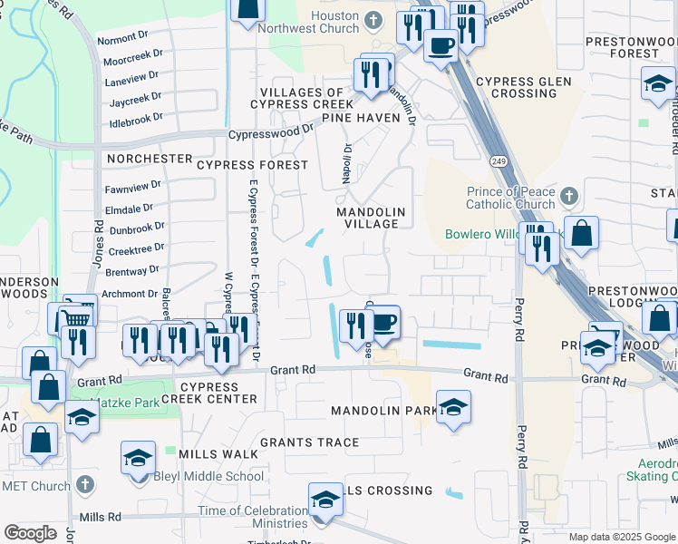 map of restaurants, bars, coffee shops, grocery stores, and more near 13419 Indigo Trace Court in Houston