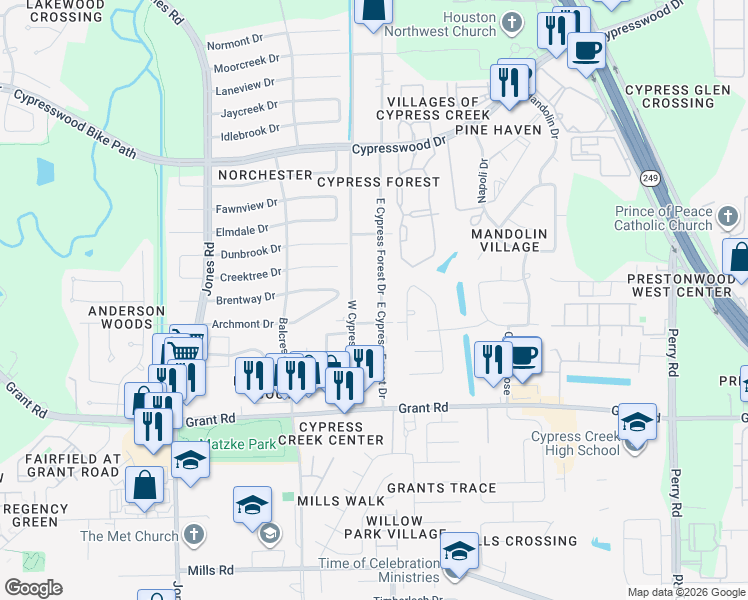 map of restaurants, bars, coffee shops, grocery stores, and more near 13519 East Cypress Forest Drive in Houston