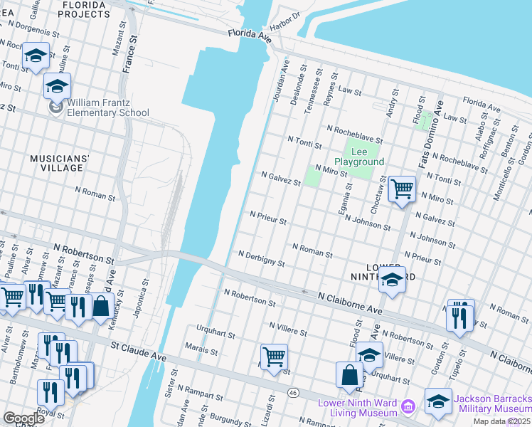 map of restaurants, bars, coffee shops, grocery stores, and more near 1905 Deslonde Street in New Orleans