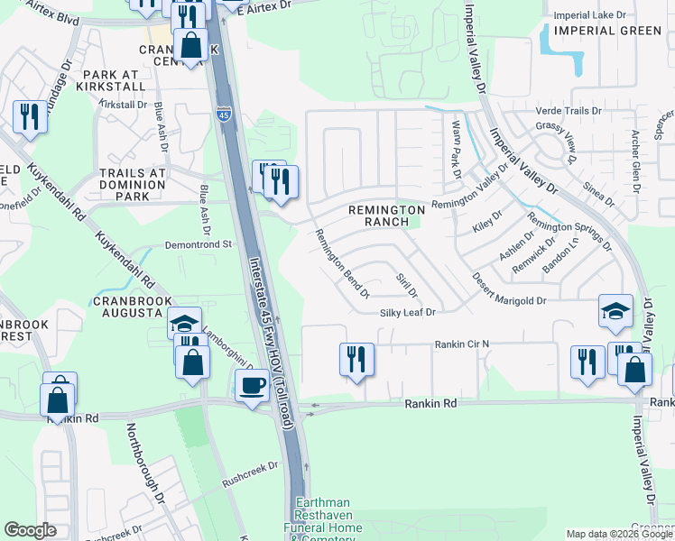 map of restaurants, bars, coffee shops, grocery stores, and more near 19115 Remington Bend Drive in Houston