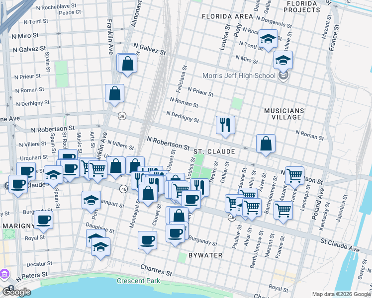 map of restaurants, bars, coffee shops, grocery stores, and more near 3116 North Robertson Street in New Orleans