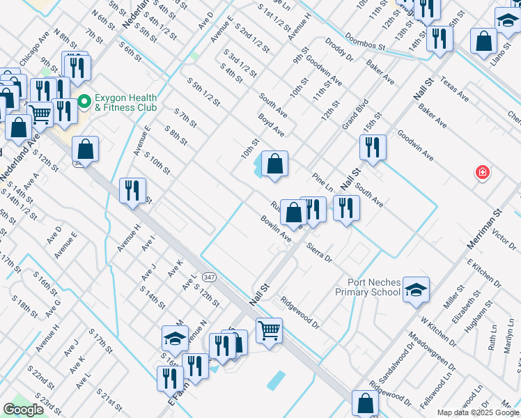 map of restaurants, bars, coffee shops, grocery stores, and more near 1114 Bowlin Avenue in Port Neches