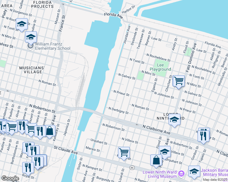 map of restaurants, bars, coffee shops, grocery stores, and more near 4813 North Prieur Street in New Orleans