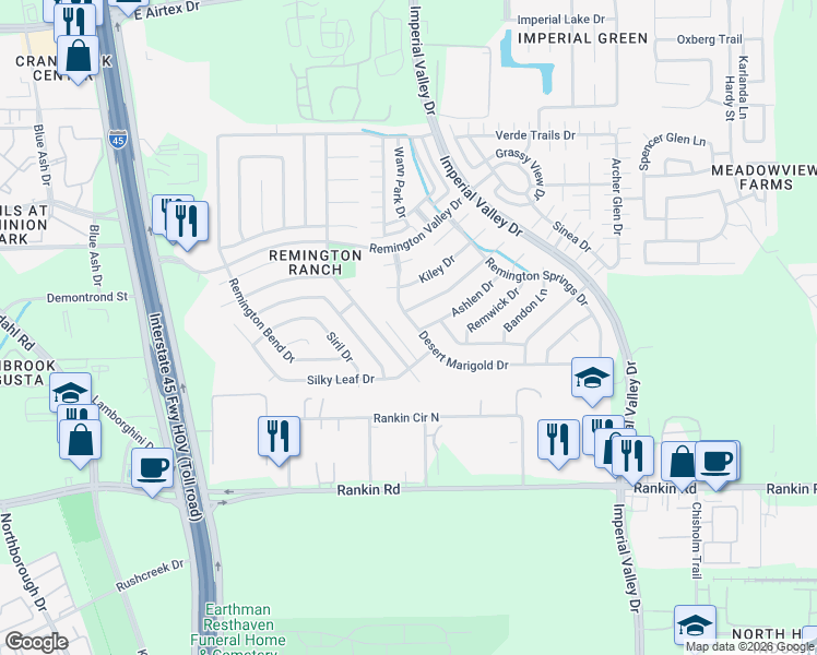 map of restaurants, bars, coffee shops, grocery stores, and more near 18911 Desert Marigold Dr in Houston