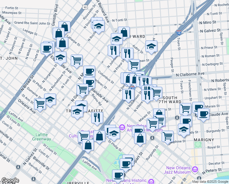 map of restaurants, bars, coffee shops, grocery stores, and more near 1717 Kerlerec Street in New Orleans