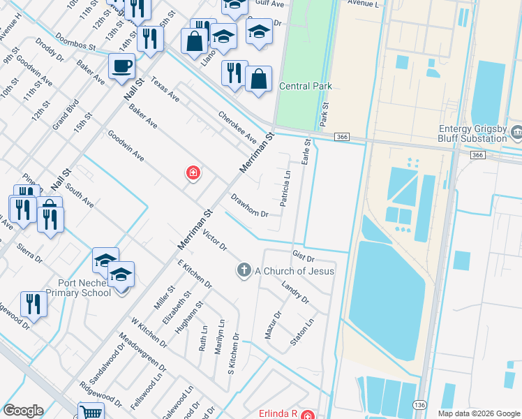 map of restaurants, bars, coffee shops, grocery stores, and more near 602 Drawhorn Dr in Port Neches