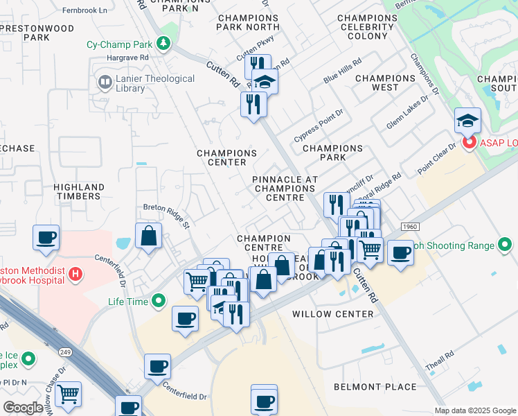 map of restaurants, bars, coffee shops, grocery stores, and more near 13406 Park Centre Court in Houston