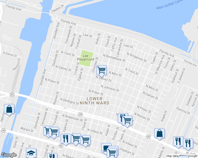 map of restaurants, bars, coffee shops, grocery stores, and more near 2039 Flood Street in New Orleans