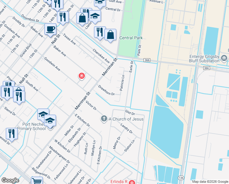 map of restaurants, bars, coffee shops, grocery stores, and more near 602 Drawhorn Drive in Port Neches