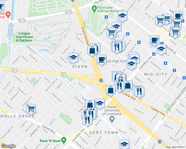 map of restaurants, bars, coffee shops, grocery stores, and more near 4133 Leonidas Street in New Orleans