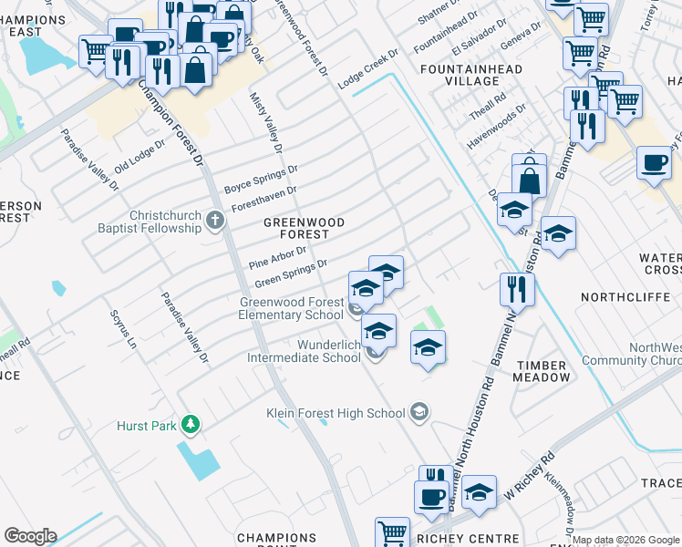map of restaurants, bars, coffee shops, grocery stores, and more near 5426 Spanish Oak Drive in Houston