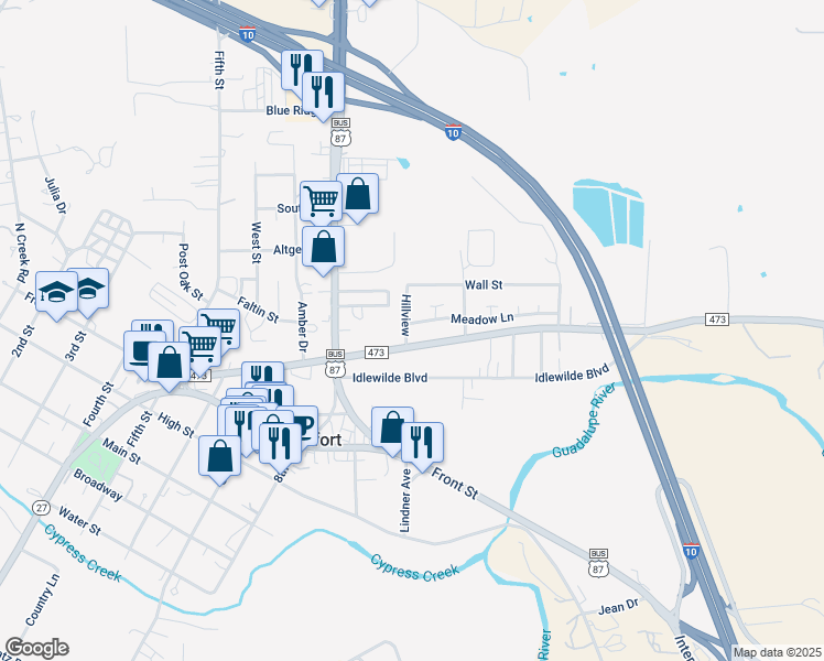 map of restaurants, bars, coffee shops, grocery stores, and more near 105 Hillview in Comfort