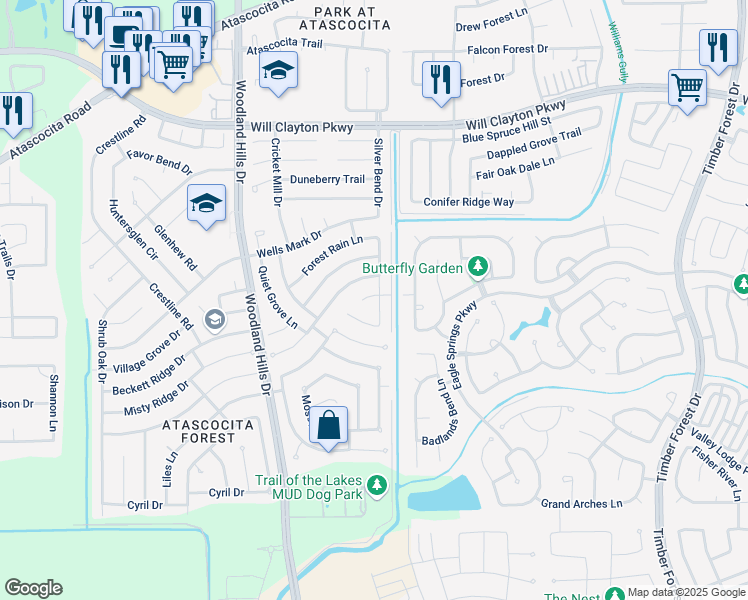 map of restaurants, bars, coffee shops, grocery stores, and more near 16531 Morning Shadows Way in Humble