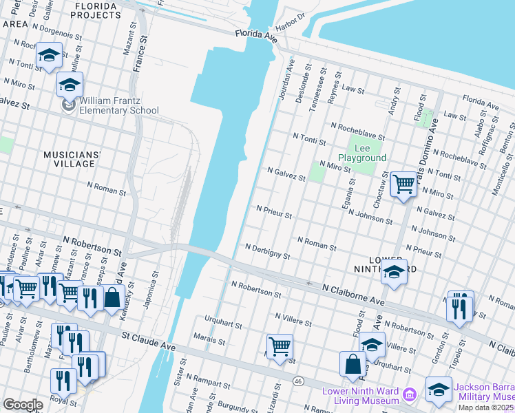 map of restaurants, bars, coffee shops, grocery stores, and more near 4813 North Prieur Street in New Orleans