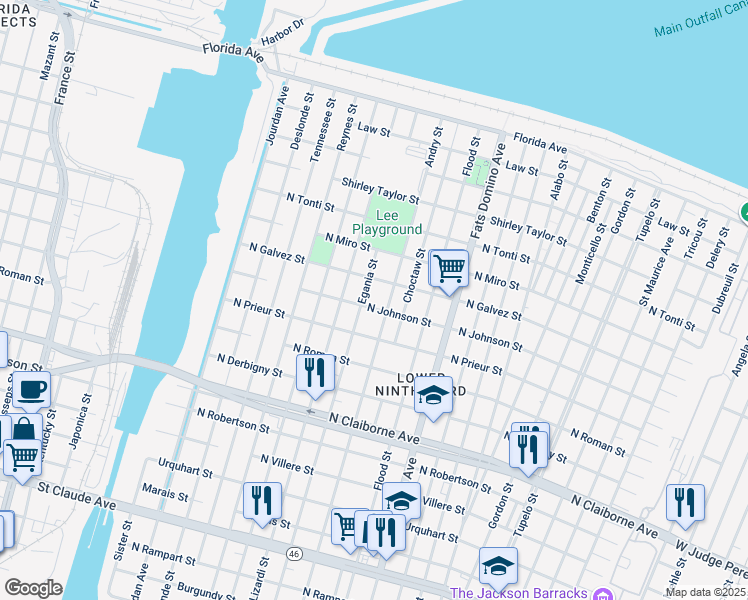 map of restaurants, bars, coffee shops, grocery stores, and more near 2020 Egania Street in New Orleans
